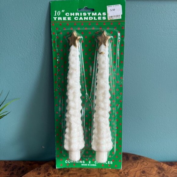 Vintage 10" Christmas Tree Candles  White Gold Taper w Star Topper Set Of 2 - Picture 1 of 6